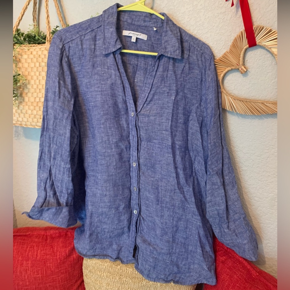 Foxcroft linen collared v neck button up blouse X-Large